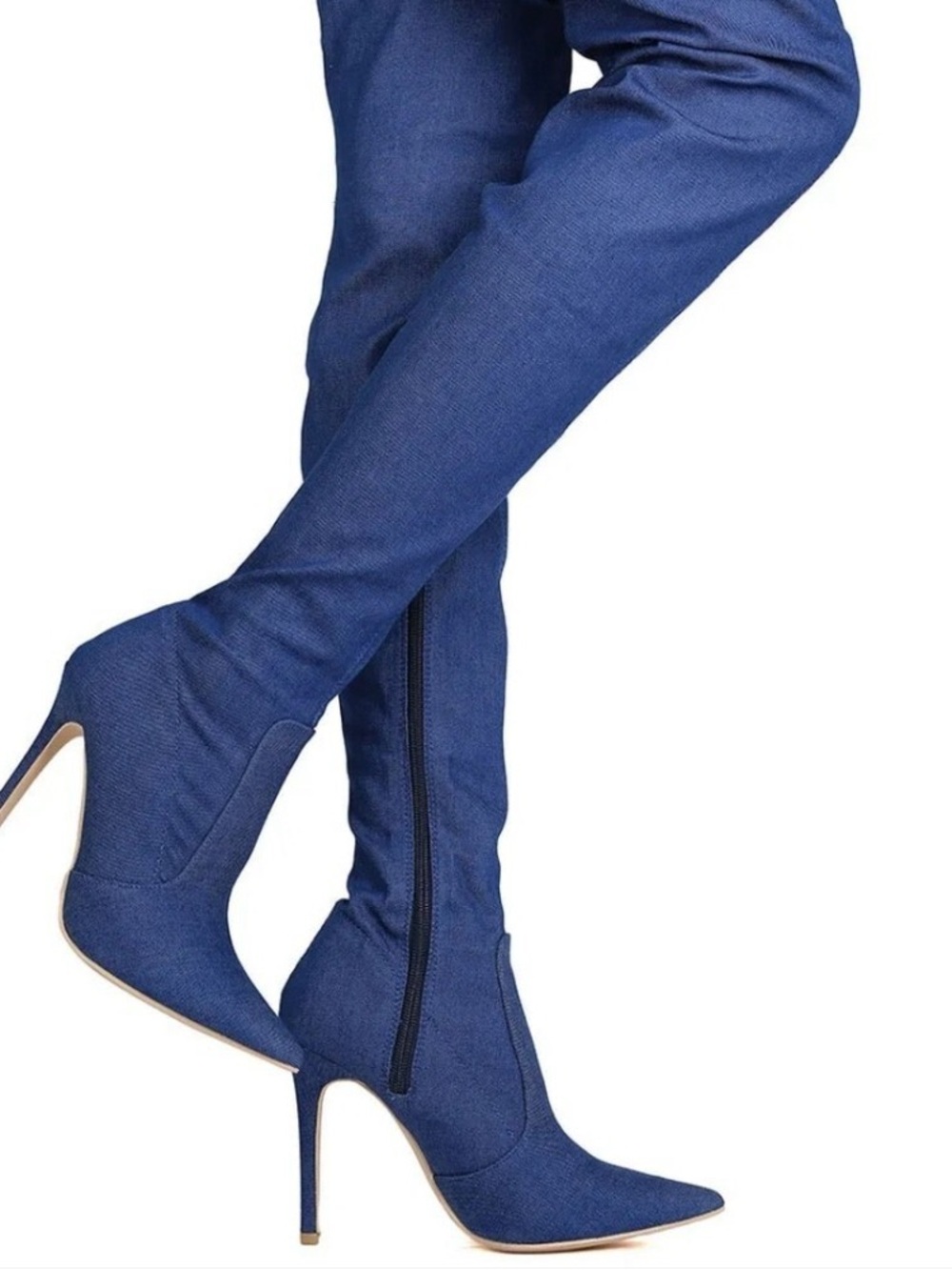 Cape Robin Blue Stretch Denim Jean Thigh High Pointy Toe Stiletto Heel Boots 6.5 - Picture 12 of 13
